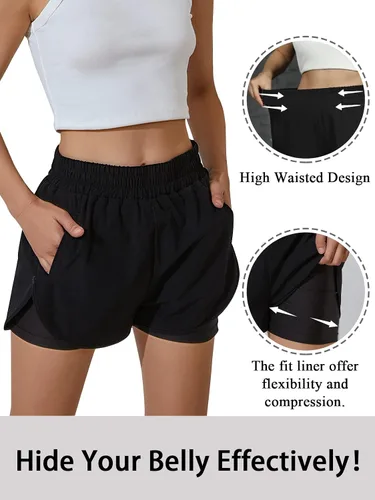 Vista 4 de BMJL Pantalones cortos de correr para mujer, cintura elástica, cintura alta, bolsillos, pantalones cortos deportivos para entrenamiento, gimnasio
