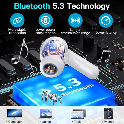 Vista 7 de kurdene P3 - Auriculares inalámbricos Bluetooth 5.3, estéreo de graves profundos con micrófono en el oído, auriculares de sonido envolvente premium