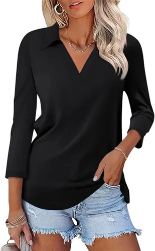 Vista 18 de TICTICMISS - Camisas polo de cuello en V para mujer, manga 3/4, con cuello, tops casuales de negocios, tops de verano a la moda, holgados