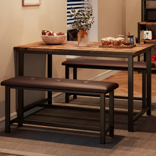Vista 9 de Juego de mesa de comedor IDEALHOUSE para 4, mesa de cocina con banco tapizado, juego de mesa de comedor rectangular de 3 piezas con 2 bancos