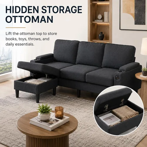 Vista 4 de Sofá modular de terciopelo en forma de L de 67 pulgadas con otomana, sofá convertible de 3 asientos con asiento profundo de nube para sala de estar
