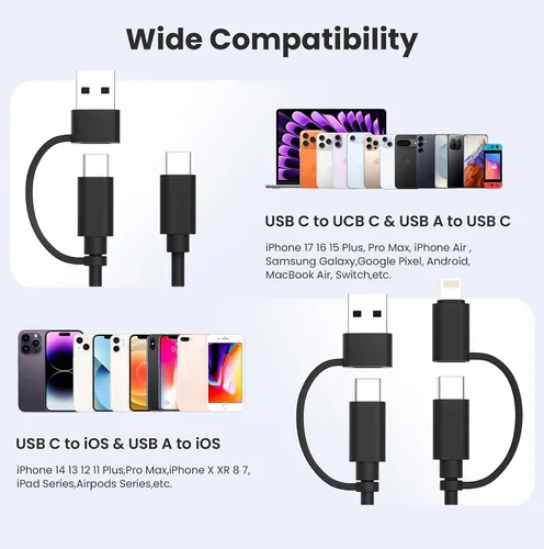 Vista 7 de Elebase Cable de carga 4 en 1 de 3.3 pies, cable de carga múltiple, cable de carga múltiple para iPhone con adaptador USB/Lightning para Apple 17 16