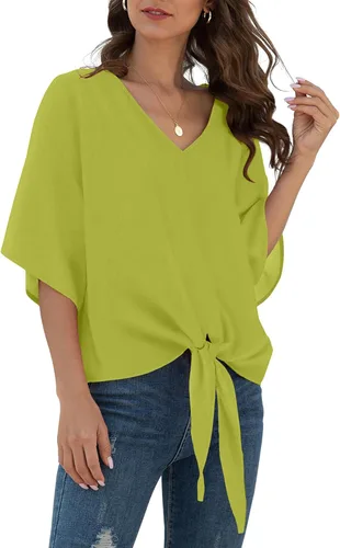 Vista 46 de VIISHOW Womens Tie Front Chiffon Blouses V Neck Batwing Short Sleeve Summer Tops Shirts Albaricoque