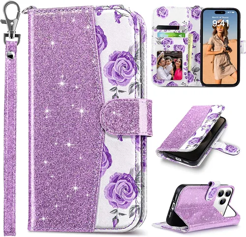 Vista 33 de ULAK Funda tipo billetera compatible con iPhone 15 para mujeres, funda tipo cartera con estampado floral de piel PU premium con porta tarjetas