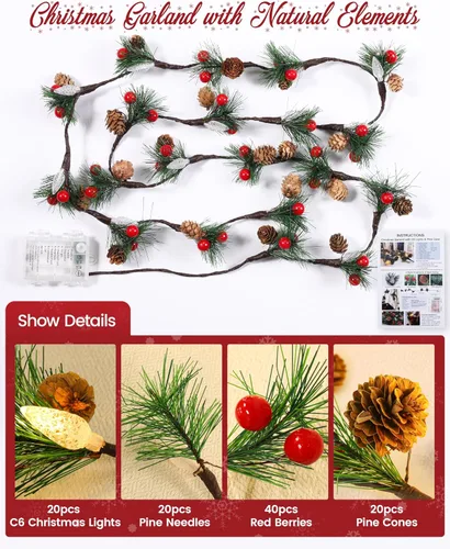 Vista 2 de Guirnalda de Navidad con luces, cadena de piñas de 7 pies con bayas rojas, agujas, 20 luces LED C6 de Navidad, funciona con pilas, guirnalda