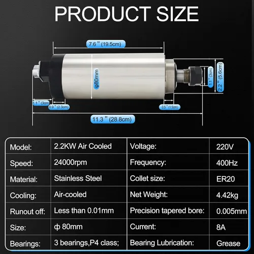 Vista 3 de RATTMMOTOR Motor CNC 2.2KW Motor de husillo refrigerado por aire 220V 3.150 in Motor ER20 Collet 3HP 24000RPM husillo de alta velocidad 8A 400Hz