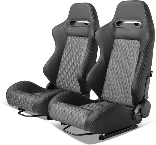 Vista 13 de IKON MOTORSPORTS, Asiento universal de carreras PU + cuero de carbono + gamuza, con deslizadores dobles, asiento deportivo reclinable negro