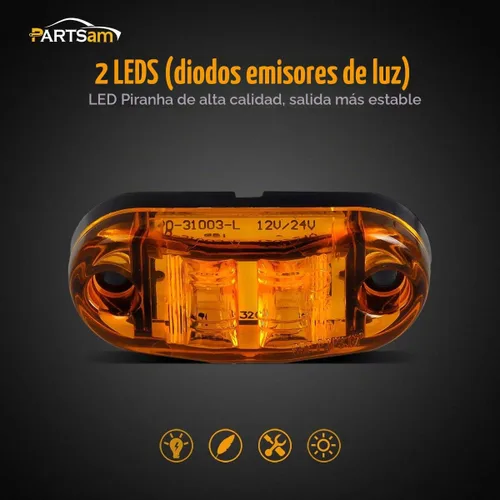 Vista 2 de Partsam 4 piezas de 2.5 pulgadas de lente ámbar ovalada, 2 diodos LED para luz lateral de gálibo de camión y remolque
