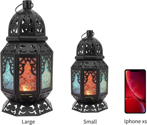 Vista 8 de Lewondr Farol de vela retro de hierro Ramadán, portátil de hierro forjado marroquí, de 10.2 pulgadas, portavelas decorativo, lámpara colgante