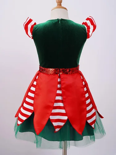 Vista 6 de Disfraz de Navidad con estampado de 2 piezas para niñas, mangas con volantes, lentejuelas, rayas, vestido tutú de malla con sombrero