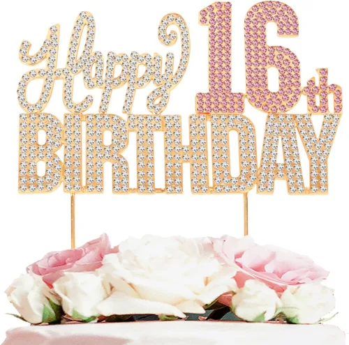 Vista 27 de Decoración de pastel de diamantes de imitación rosa y plateado con texto en inglés "Cheers to 11 Years Old Eleven Bday" de metal brillante
