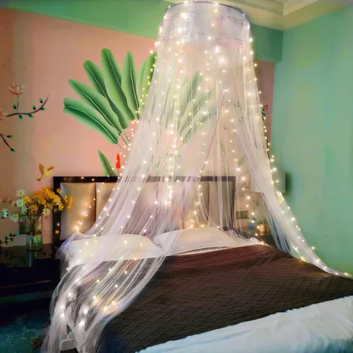 Vista 7 de Dosel de Cama de Encaje Mosquitera con Luces Cálidas, Dosel de Cama de Princesa para Decoración de Habitación de Niñas, Azul/Una Entrada Luces