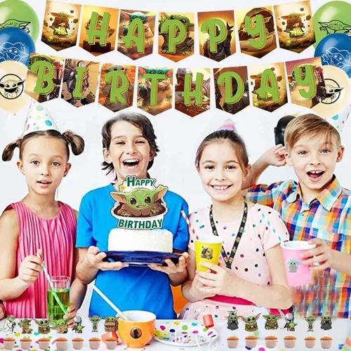 Vista 8 de Suministros de recuerdo de fiesta de Baby Yoda, decoraciones de cumpleaños para fiesta de bebé Yoda incluyen pancarta, adorno para pastel y globos