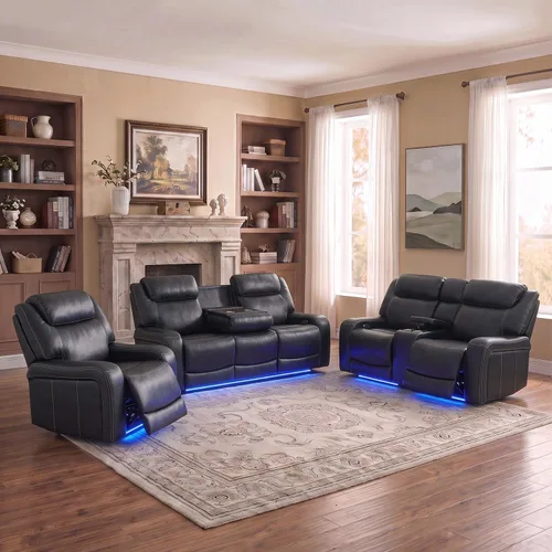 Vista 18 de Sofá reclinable con luces LED, sofá reclinable de cuero con dos asientos reclinables/puerto USB/consola de almacenamiento/soporte para vasos
