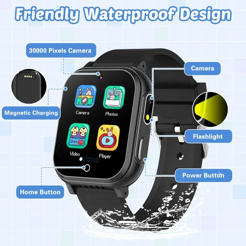 Vista 7 de Reloj inteligente impermeable para niños con 32 juegos, cámara dual, video, seguimiento de hábitos, reproductor de música, podómetro, protectores