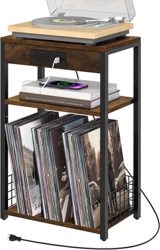 Vista 9 de Soporte para tocadiscos, mesa auxiliar de 3 niveles con almacenamiento de discos de vinilo, soporte para discos de vinilo de hasta 120 álbumes