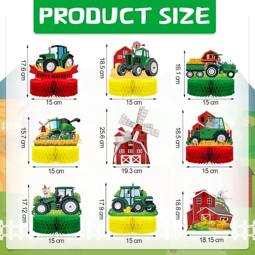 Vista 2 de 9 piezas de centro de mesa de nido de abeja de tractor, decoración de fiesta de cumpleaños con temática de tractor verde de granja, decoración