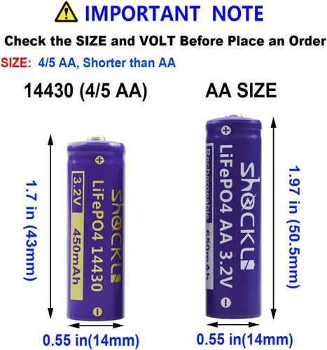Vista 5 de Shockli 14430 - Batería solar recargable LiFePo4 de 3.2 V 450 mAh para luz solar de paisaje, más corta que AA!