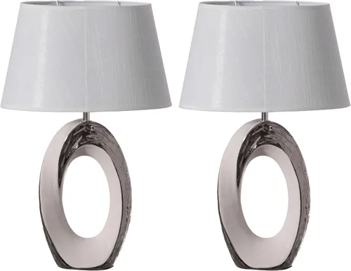 Vista 8 de Quickway Imports Lámparas de mesa de diseño, lámpara de mesa decorativa de cerámica de 16 pulgadas, con soporte circular reflectante plateado y rosa
