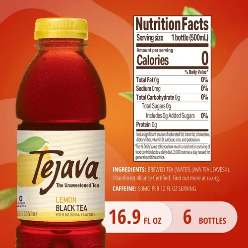 Vista 2 de Tejava Té helado negro con limón, paquete de 6, botellas de PET de 16.9oz, sin azúcar, sin OGM, kosher, sin azúcar ni edulcorantes, sin calorías