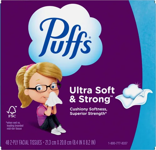 Vista 12 de Pañuelos faciales ultrasuaves sin loción Puffs, 1 cubo, 48 pañuelos por caja