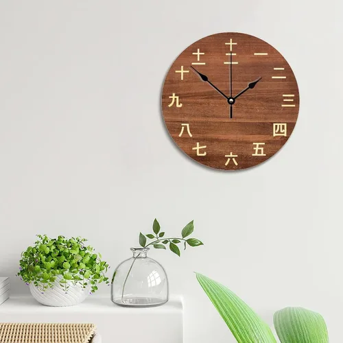 Vista 6 de Reloj de pared con números Kanji vintage, estilo rústico, elegante, de madera, 10 silenciosos, sin tictac, de cuarzo, funciona con pilas, para sala