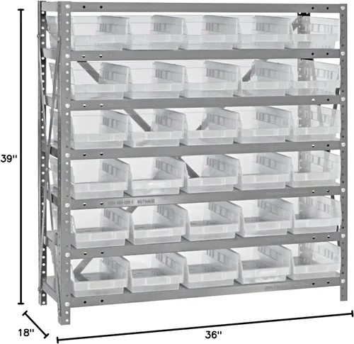 Vista 598 de Quantum QSBU-245BK Heavy Duty Shelving Unit with (7) Shelves and (24) QUS245 Black Bins for Garage Warehouse Storage Distribution 400 lb Load