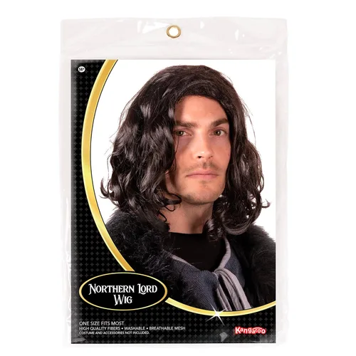 Vista 4 de Narwhal Novelties Peluca negra hasta el hombro para hombre, Jon Snow y Bruno de Encanto, juego de rol, fiestas temáticas, peluca rizada de longitud