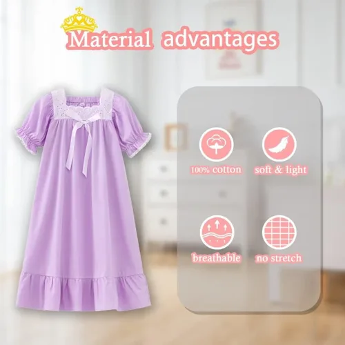 Vista 3 de Camisones para niñas, vestidos de pijama de princesa de algodón, ropa de dormir vintage suave (niños pequeños, niños)