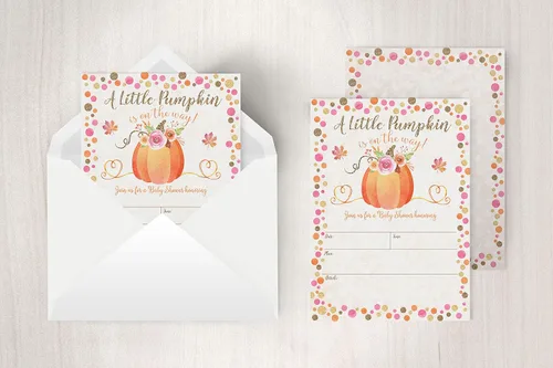 Vista 3 de Invitaciones para baby shower de otoño con diseño de calabaza, sobres de tamaño A7 incluidos, cartulina pesada de alta calidad, dos caras, diseño