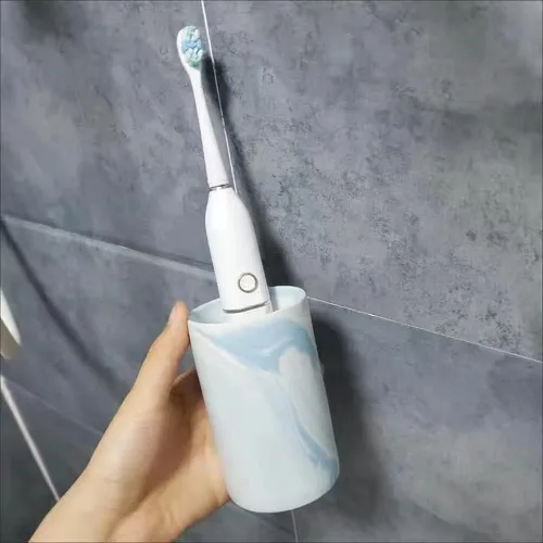 Vista 6 de Taza de cerámica de mármol, soporte para cepillos de dientes creativo, taza para beber simple (azul)