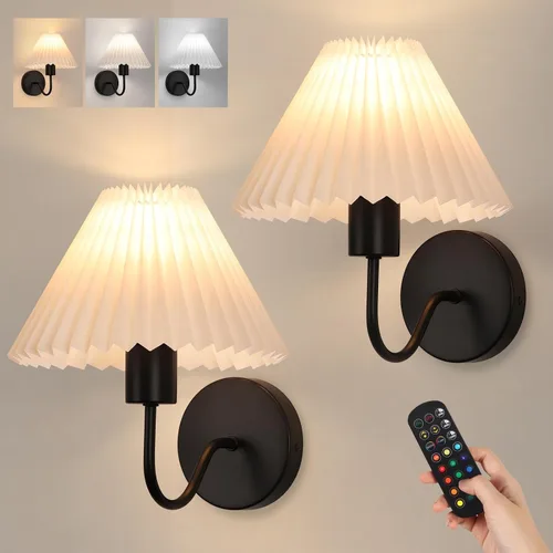 Vista 16 de Juego de 2 apliques de pared inalámbricos, pantallas plisadas recargables que funcionan con batería, luces de pared retro de cuello de ganso