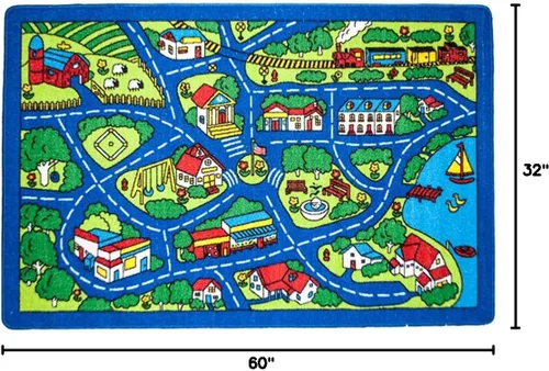 Vista 2 de Mybecca Alfombra infantil para niños, diseño de mapa de calles, color azul, 3 x 5 pies, para sala de juegos y guardería, base de gel antideslizante