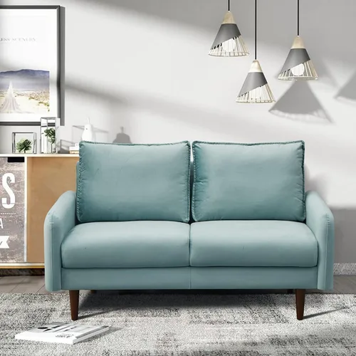 Vista 2 de INSTORY Sofá de dos plazas de terciopelo Sofá moderno de mediados de siglo con patas de madera para sala de estar - Cian