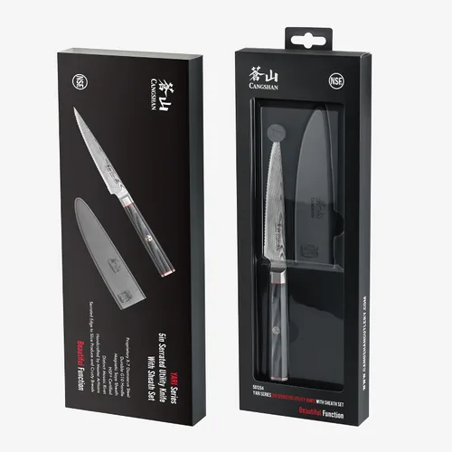 Vista 7 de Cangshan YARI Series 501264 - Cuchillo dentado de 5 pulgadas con funda, acero de Damasco X-7