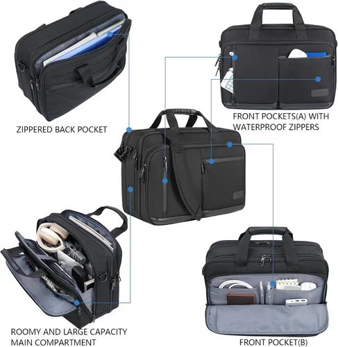 Vista 7 de VANKEAN Maletín para laptop para hombres y mujeres, bolsa para laptop de 17.3 pulgadas, bolsa mensajero repelente al agua y expandible con correa