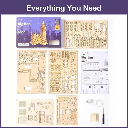 Vista 9 de Rolife Kit de modelo de rompecabezas de madera 3D para adultos para construir (aeronave y Big Ben)