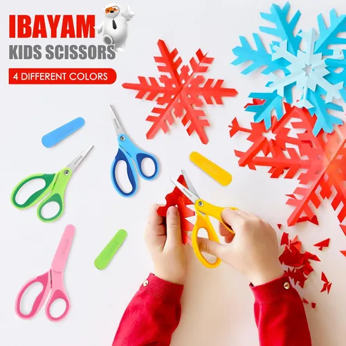Vista 5 de iBayam Tijeras para niños de 5 pulgadas con tapa, tijeras pequeñas de seguridad para niños de 4 a 12 años, kits de manualidades para álbumes
