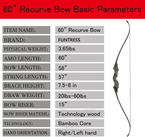 Vista 2 de FUNTRESS Arco recurvo Takedown de 60 pulgadas, juego de arco y flecha de caza de 20-60 libras para mano derecha e izquierda