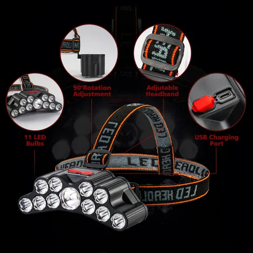 Vista 2 de Linterna frontal recargable, 22000 lúmenes altos, 11 luces de cabeza para frente, IPX5 impermeable, lámparas de cabeza LED súper brillantes