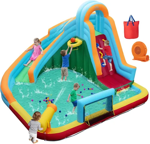 Vista 12 de Boundtech - Casa inflable para saltar, para usar en la alberca, con dos toboganes, pared de escalada, aro de baloncesto, alberca para sambullirse