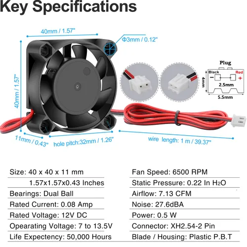 Vista 2 de GDSTIME Ventilador 4010 12 V 1.575 in x 0.394 in 2 pines doble bola DC sin
