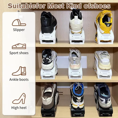 Vista 6 de Organizador de ranuras para zapatos, apiladores de zapatos ajustables, soporte para zapatos de doble piso, zapatero de almacenamiento, ahorro