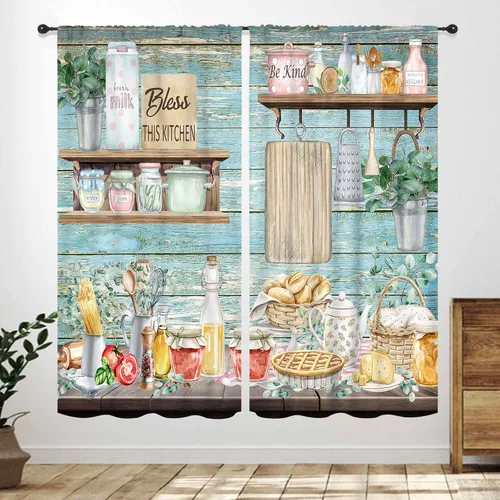 Vista 15 de Cortinas de cocina rústicas, color negro y blanco, tablón de madera con cuchillo y cuchara para barra, bolsillo para barra, tratamiento de ventana