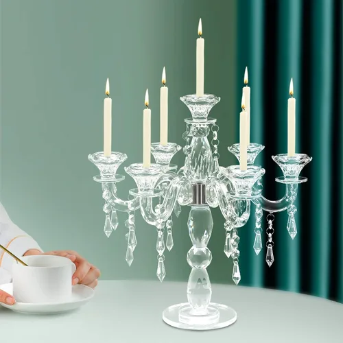 Vista 6 de Candelabros de cristal de 7 brazos, modernos centros de mesa transparentes para mesas, portavelas vintage para el hogar, centros de mesa, bodas