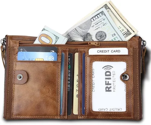 Vista 2 de Monedero plegable para hombre, de piel auténtica, con cremallera, cambio, monedero