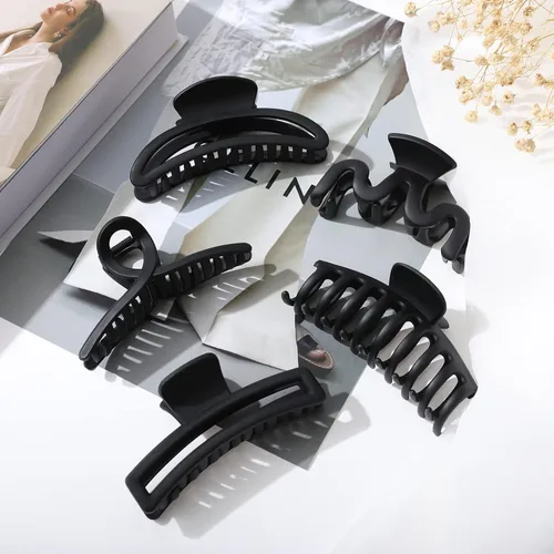 Vista 6 de 5 pinzas de pelo grandes para cabello grueso, pinzas de pelo grandes de plátano para mujeres, antideslizantes, de sujeción fuerte (negro mate)