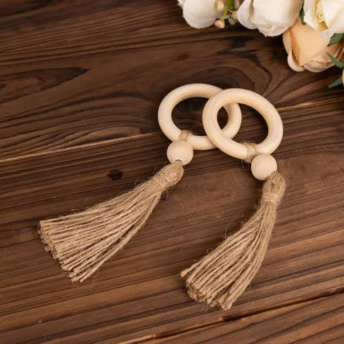 Vista 5 de Efavormart - Paquete de 4 servilleteros de madera color crema con borla tejida de cuentas de yute, estilo granja