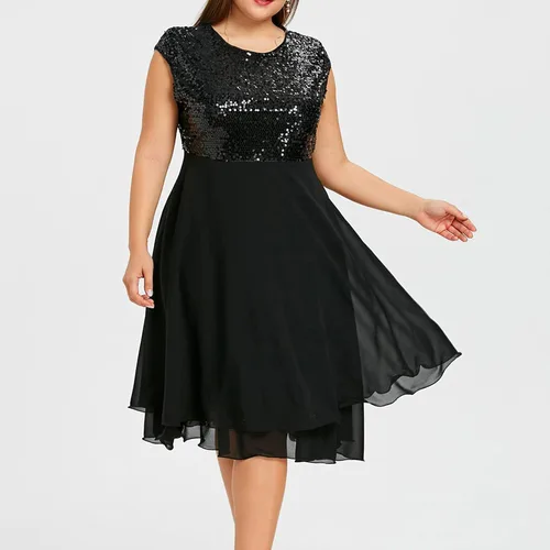 Vista 3 de XUNRYAN Vestido de lentejuelas brillantes para mujer, talla grande, de gasa, sin mangas, vestido formal de cóctel, noche, fiesta, baile