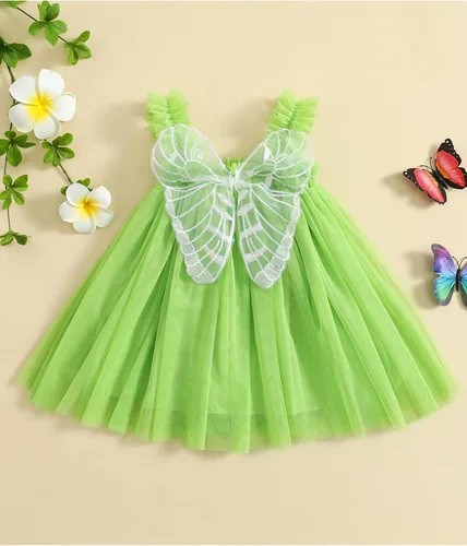 Vista 2 de GuliriFei Disfraz de hada verde para niñas de Halloween, vestido de princesa sin mangas con mariposa Tinkerbell disfraz de hada
